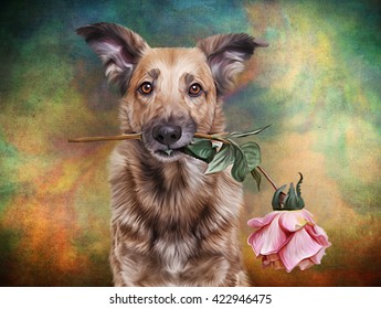 Drawing  Mixed breed dog holding a flower in the mouth, portrait on old vintage color grunge paper background - Powered by Shutterstock