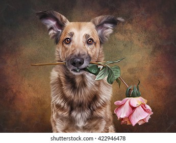 Drawing  Mixed breed dog holding a flower in the mouth, portrait on old vintage color grunge paper background