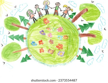 Drawing of multicultural children holding hands around the world. Happy Children's Day. World peace. No war. Pencil art in childish style - Powered by Shutterstock