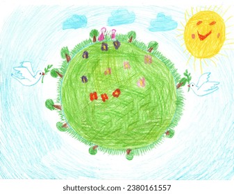 Drawing of multicultural children holding hands around the world. Happy Children's Day. World peace. No war. Pencil art in childish style - Powered by Shutterstock