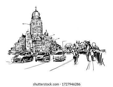 Drawing Of Mumbai Street Show Traffic And The Old Building