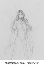 drawing mystical angel woman in beautiful historic dress 