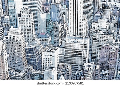 Drawing Of New York City Skyscrapers In Midtown Manhattan Aerial Panorama View