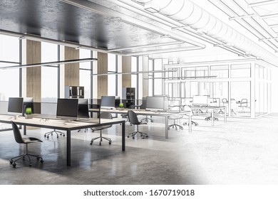 Drawing Office Interior Hall With Computers And City View. Workplace And Lifestyle Concept. 3D Rendering