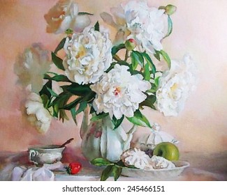 drawing oil  flowers  still life  painting  white roses