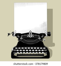 Drawing of old typewriter with a paper in black and white vintage engraving style. Contains the Clipping Path