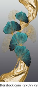 drawing on gray light background with golden wavy lines. Vertical 3d art wallpaper. golden, brown, yellow, turquoise and gray ginkgo biloba leaves, feathers. 