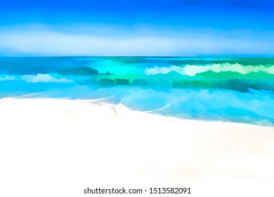 Drawing Pastel Sea, Waves And White Sand. Ocean