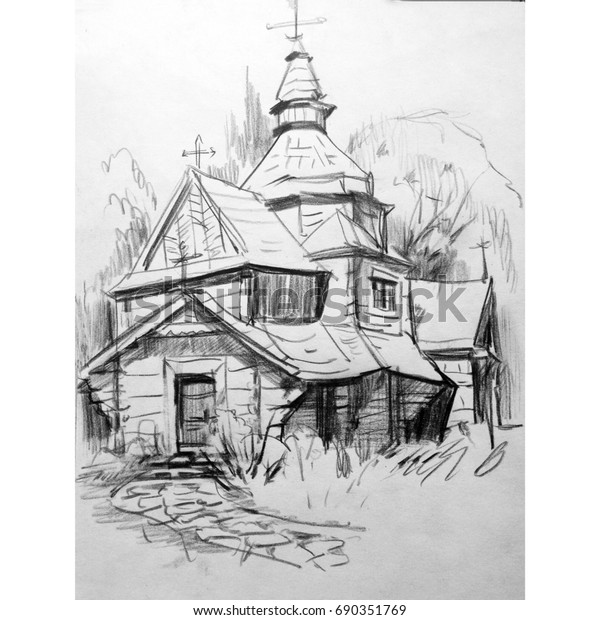 Drawing Pencil Landscape Architecture Church Art Stock Illustration