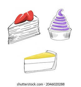 Drawing Of Pieces Of Cake And Pastry. Ideal For Print, Web, Textile Design, Various Souvenirs, Scrapbooking.