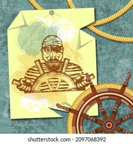 Drawing pirate crumpled piece paper  fragment ship's helm   ropes textured background and the effect aging