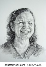 Drawing portrait of aged asian woman, black and white, pencil on paper.