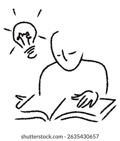 drawing of a reader reading book with light bulb above the head to show how knowledge earns. a doodle of bright idea from studying. 