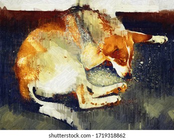 Drawing resting dog curled up in oil paint style   in the Gothic style