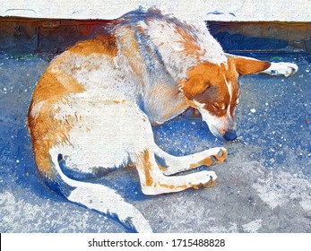 Drawing resting dog and red spots curled up in the style oil painting in bright colors