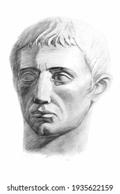 Drawing Of The Sculpture Of The Head Of Germanicus. Isometric Projection. Academic Pencil Drawing. Old Drawing