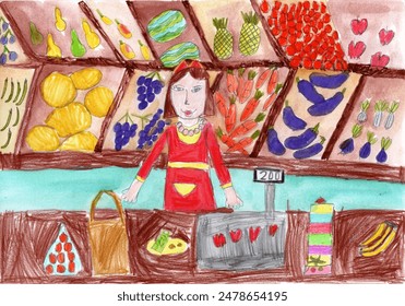 Drawing of a shop assistant. Fruit vegetable counter in supermarket. Pencil drawing in a child's style. - Powered by Shutterstock