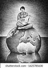 Drawing showing man sitting on planet earth drowning in water, reading newspaper with the words global crisis written. Image about climate change, political crisis, news system, ecology, capitalism