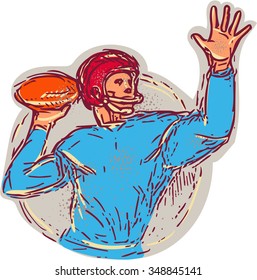 Drawing Sketch Style Illustration Of An American Football Gridiron Quarterback Qb Throwing Ball Viewed From The Side Set On Isolated White Background. 