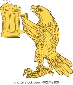 Drawing Sketch Style Illustration Of An American Bald Eagle Hoisting Beer Mug Stein Viewed From The Side Set On Isolated White Background. 