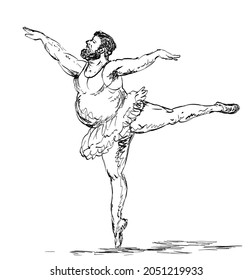 Drawing Sketch Style Illustration Of Fat Male Ballerina, Danseur, Principal Dancer Or Ballet Dancer With Hipster Beard In An Arabesque Pose 