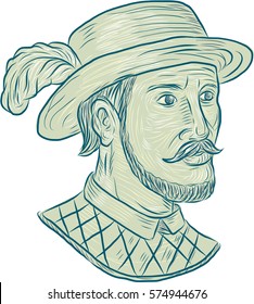 Drawing Sketch Style Illustration Of Juan Ponce De Leon, A Spanish Explorer And Conquistador Who Led First European Expedition To Florida While Searching For Fountain Of Youth On White Background. 