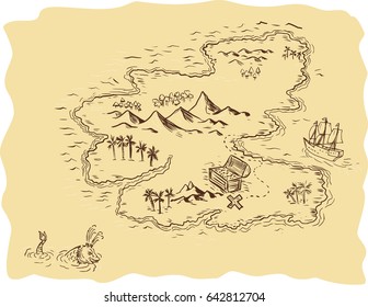 Drawing Sketch Style Illustration Of A Pirate Treasure Map Showing A Treasure Chest With X Mark The Sport And Sailing Ship And Sea Serpent In  Background. 