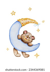 Drawing sleepy bear hanging moon surrounded by stars  On white background  Illustration 