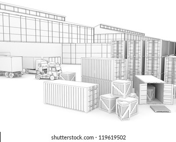 Drawing Of Small Plant With Warehouse And Loading Docks - Manufacturing And Cargo Industry