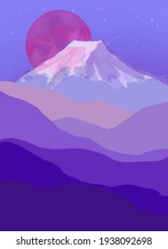 Drawing snow  capped mountain against the backdrop red sun in the sunset 