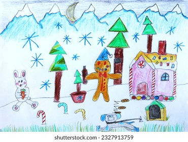 Drawing snowy day and colored pencils   Children's drawing and colored pencils