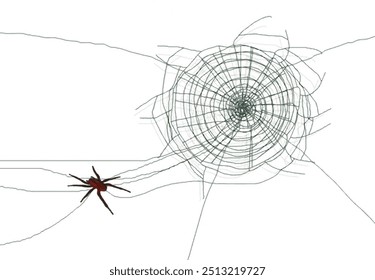 A drawing of a spider weaving a web. On a white background.
