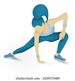 Drawing of a sporty girl in sneakers doing sports. Performs stretching leaning on his knee. Improving health and stretching. Yoga and fitness.