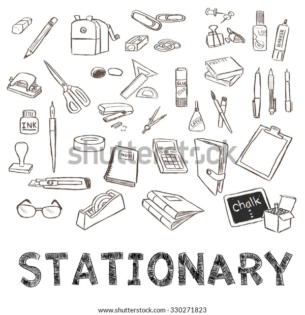 drawing of stationary set on grid paper use for\
elements \
design.