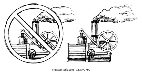 Drawing Of Steam Engine Stylized As Engraving. 