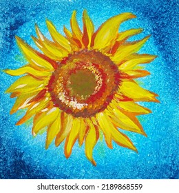 Drawing Of Sunflowers In A Blue Vase. Picture Contains An Interesting Idea, Aesthetic Pleasure. Canvas Stretched On A Stretcher, Oil Natural Paints. Concept Art Painting Texture, Naturmort, Still Life