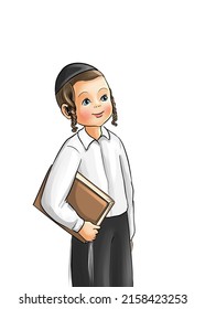 A Drawing Of A Sweet Hasidic Haredi Boy With A Book In His Hand