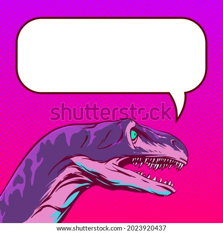Drawing of a talking dinosaur head in comic style with empty space. Square background for internet post and social network. Clipart