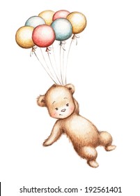 Drawing Of Teddy Bear Flying With Balloons