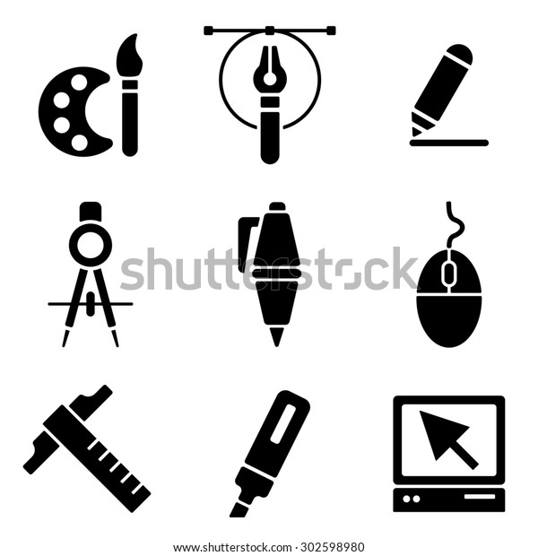 Drawing tools web and mobile logo icons\
collection isolated on white back. Symbols of education, learning,\
drawing and\
painting