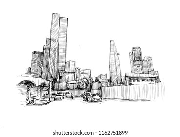 Drawing townscape show Ho Chi Minh city at Saigon Central Market know locally as Ben Thanh  Vietnam