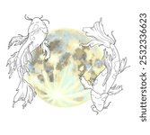 Drawing of two fish on the background of the Moon. An illustration of the horoscope of the Pisces sign. For printing maps, postcards, calendars. Design of astrological sites, tests, predictions, etc.