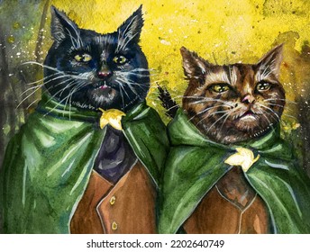 Drawing Of Two Funny Cats - Cosplay. Animal Watercolor Drawing.
