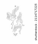 Drawing of two graceful dancing cranes and small ornaments in thin black lines