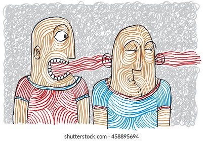Drawing of two person dispute. Different temperaments, choleric and phlegmatic hand-drawn illustration.