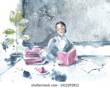 Drawing With Watercolor Depicting A Teacher, Blackboard, Class, School Supplies. For Poster Design, Poster, Banner, Backgrounds