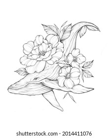 Drawing whale with flowers. Technique - black and white graphics. Suitable for tattoo sketch.