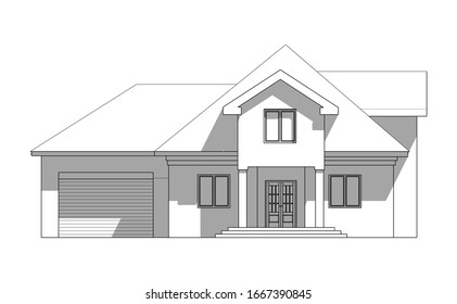 Drawing White House Architecture White Garage On White Background