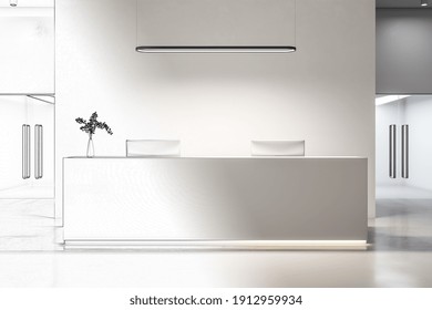 Drawing white office hall with reception desk and two computers. Lifestyle and workplace concept. 3D Rendering