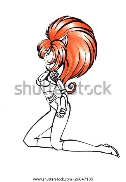 Drawing Woman Cartoon Character Orange Hair Stock Illustration